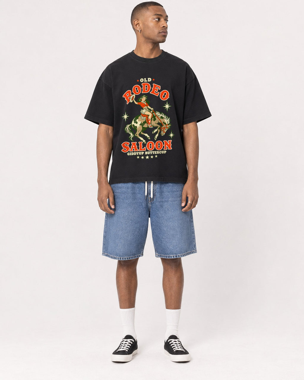 Mockup Boxy Heavyweight Tee Black male full-body 35