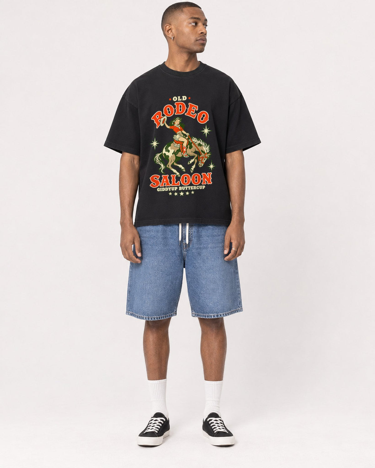 Mockup Boxy Heavyweight Tee Black male full-body 35