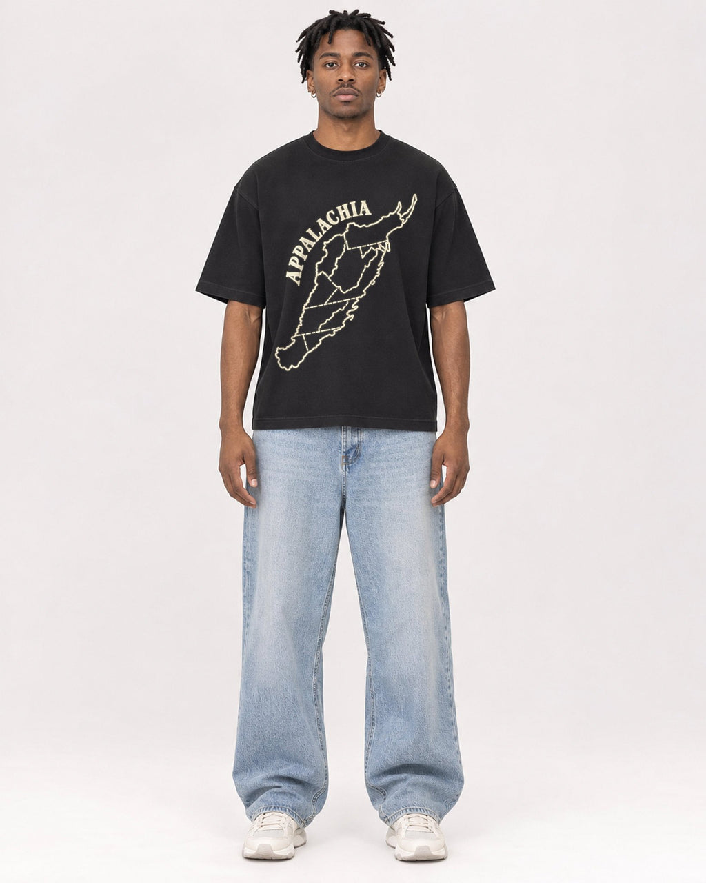Mockup Boxy Heavyweight Tee Black male full-body 05