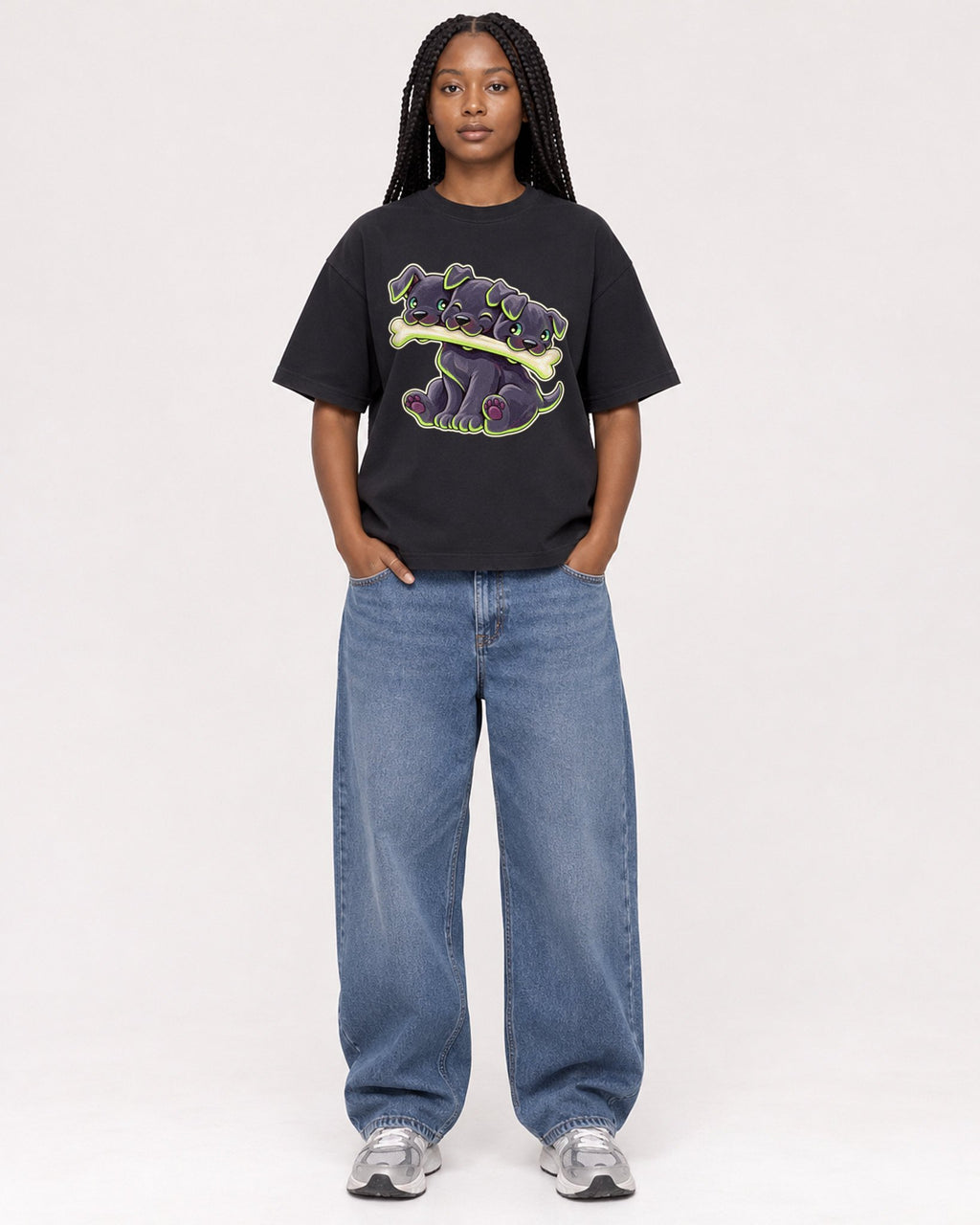 Mockup Boxy Heavyweight Tee Black female full-body 04