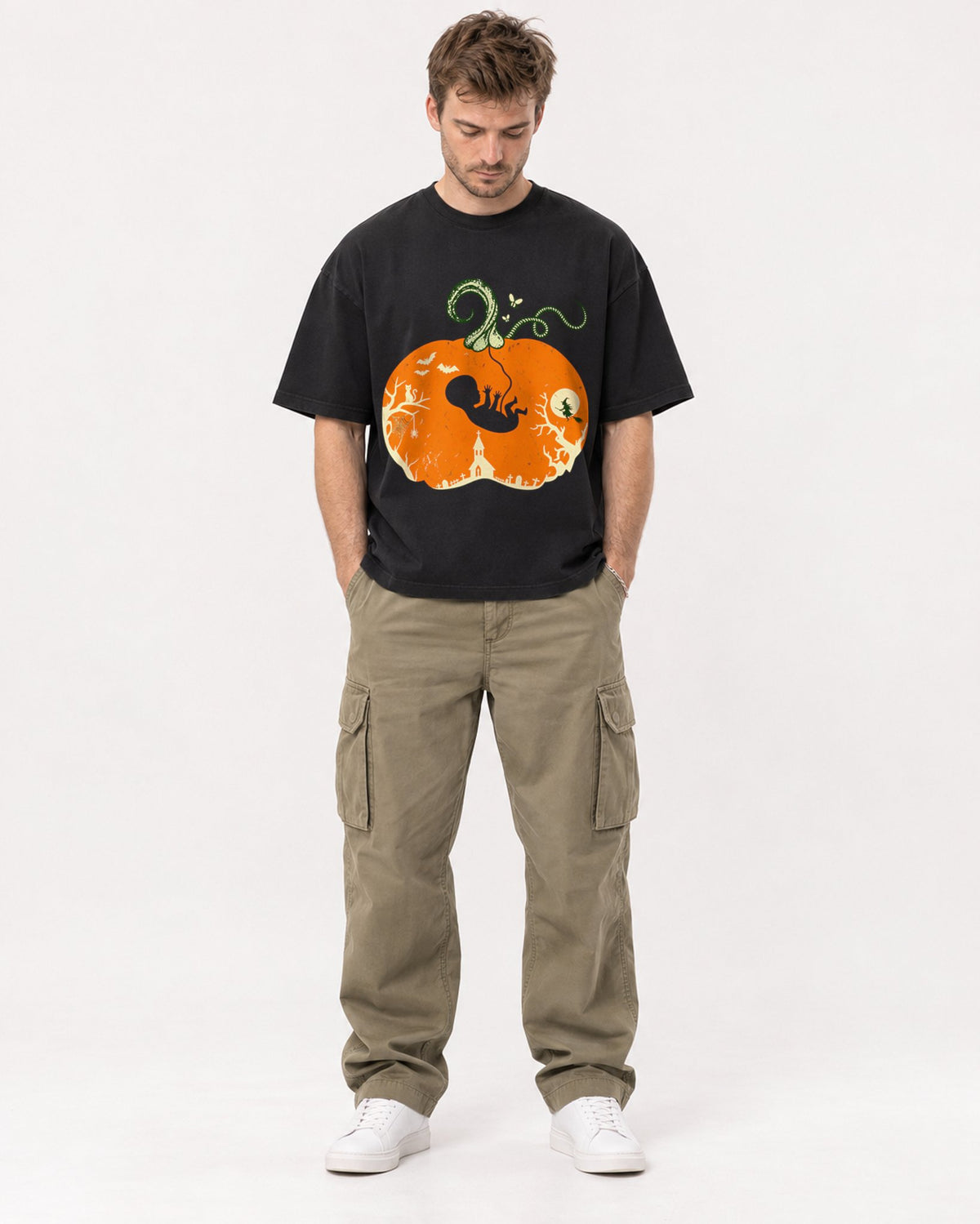 Mockup Boxy Heavyweight Tee Black male full-body 08