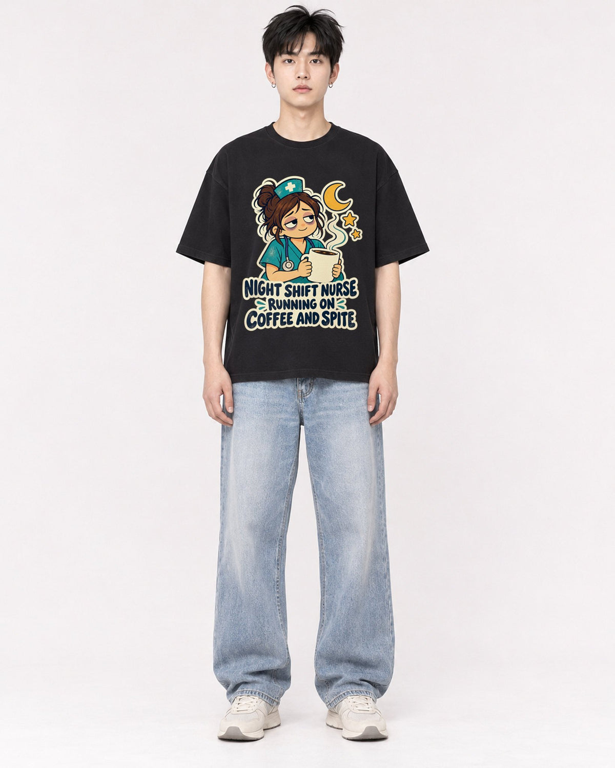 Mockup Boxy Heavyweight Tee Black male full-body 01