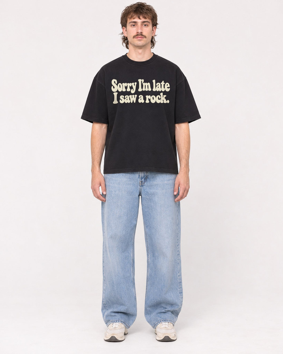 Mockup Boxy Heavyweight Tee Black male full-body 29
