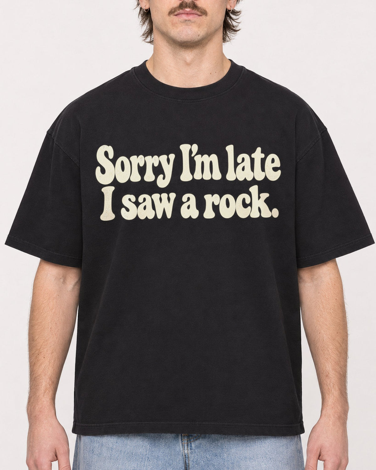 Mockup Boxy Heavyweight Tee Black male close-up 29