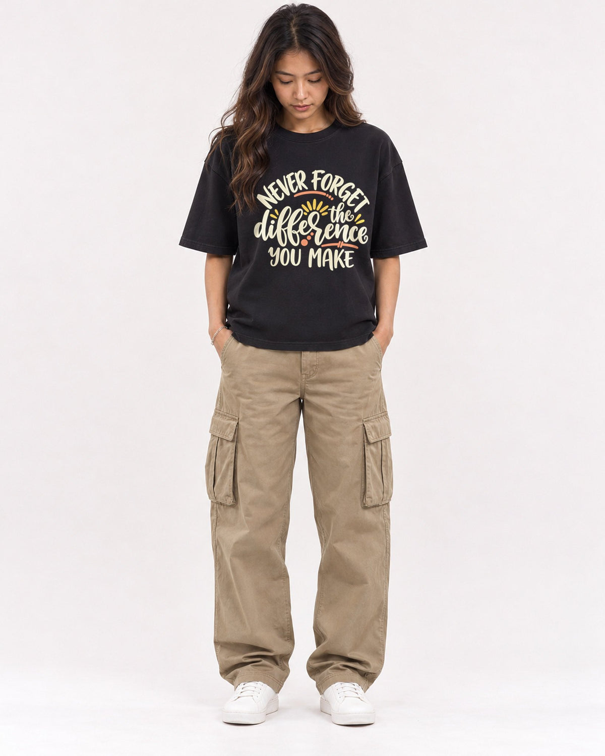 Mockup Boxy Heavyweight Tee Black female full-body 02