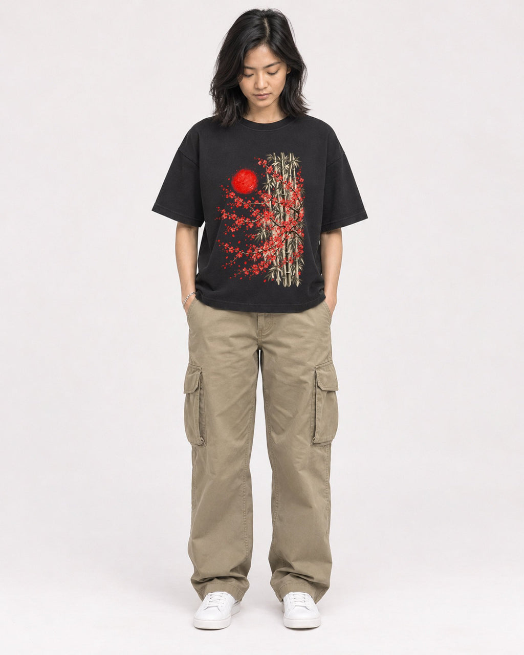 Mockup Boxy Heavyweight Tee Black female full-body 22