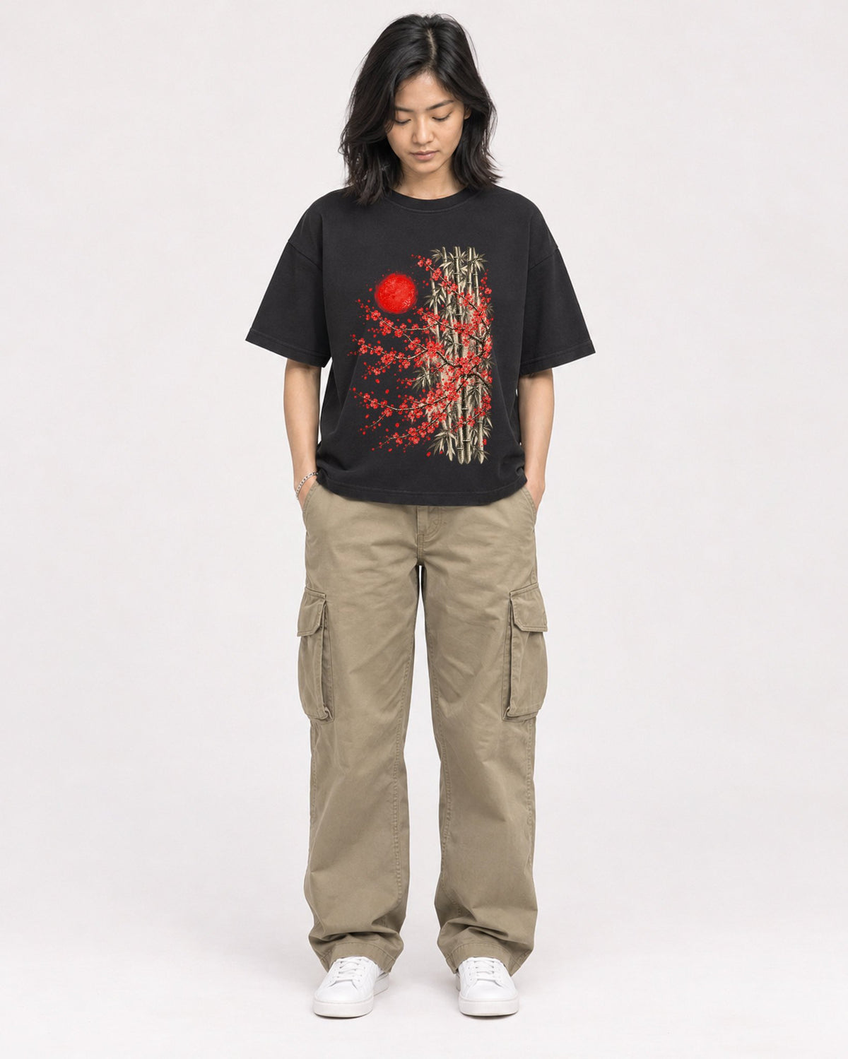 Mockup Boxy Heavyweight Tee Black female full-body 22