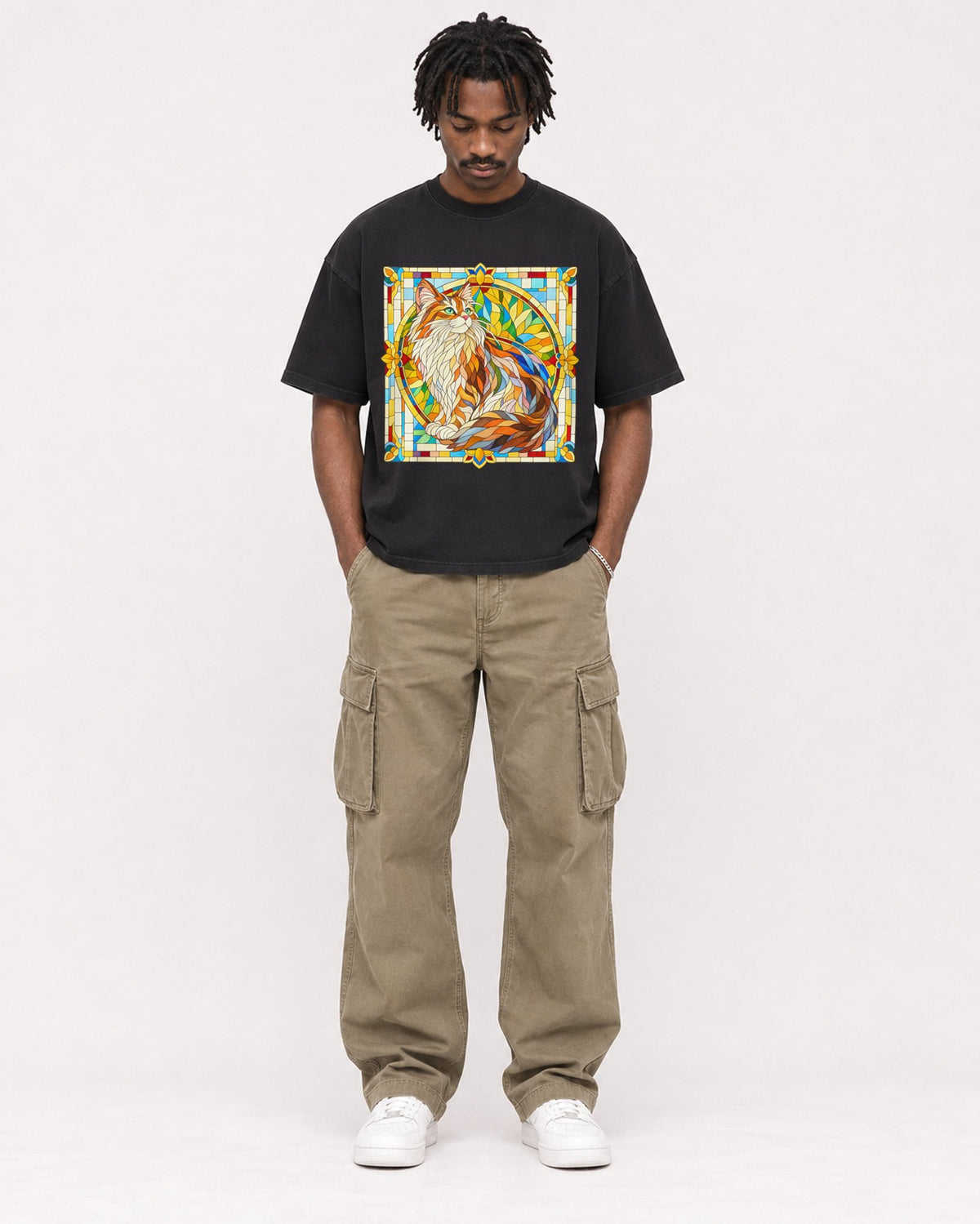 Mockup Boxy Heavyweight Tee Black male full-body 04