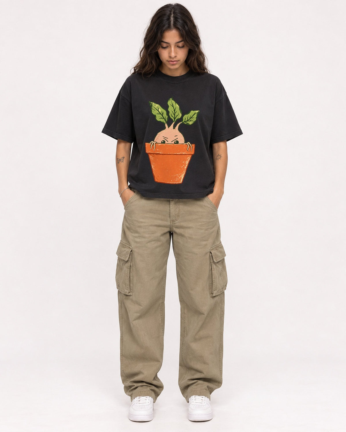 Mockup Boxy Heavyweight Tee Black female full-body 06