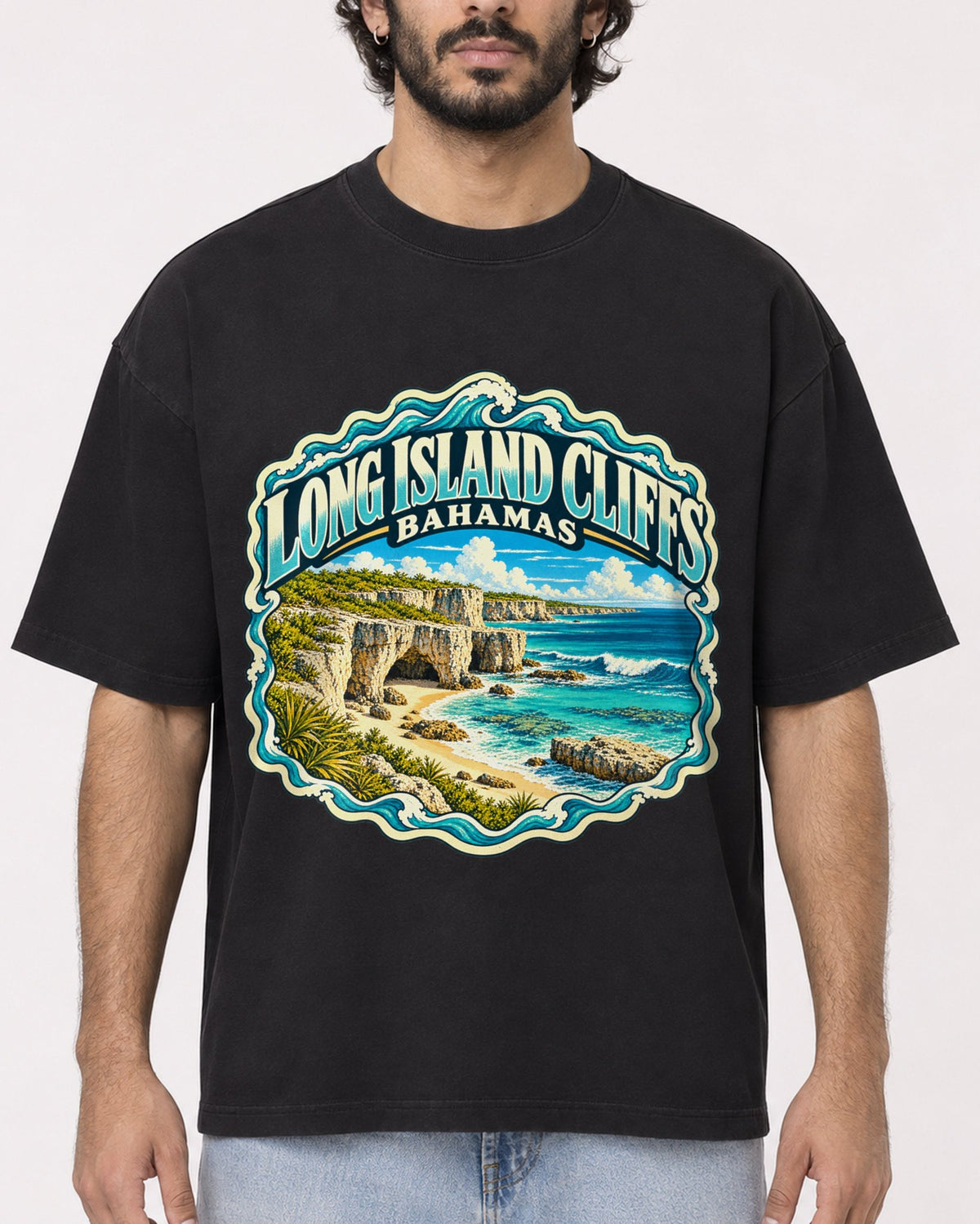 Mockup Boxy Heavyweight Tee Black male close-up 17
