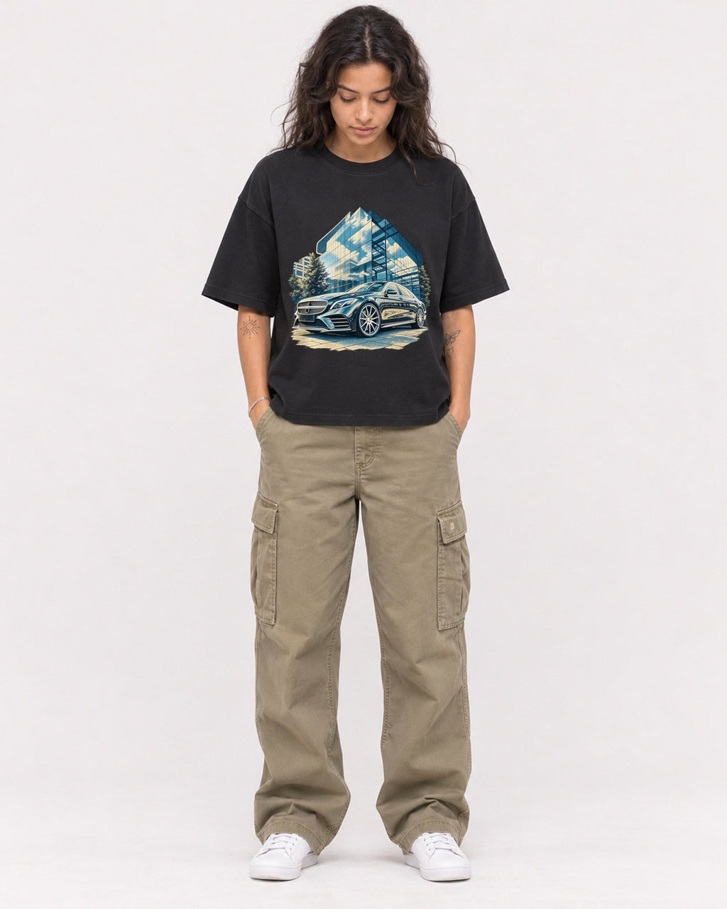Mockup Boxy Heavyweight Tee Black female full-body 30
