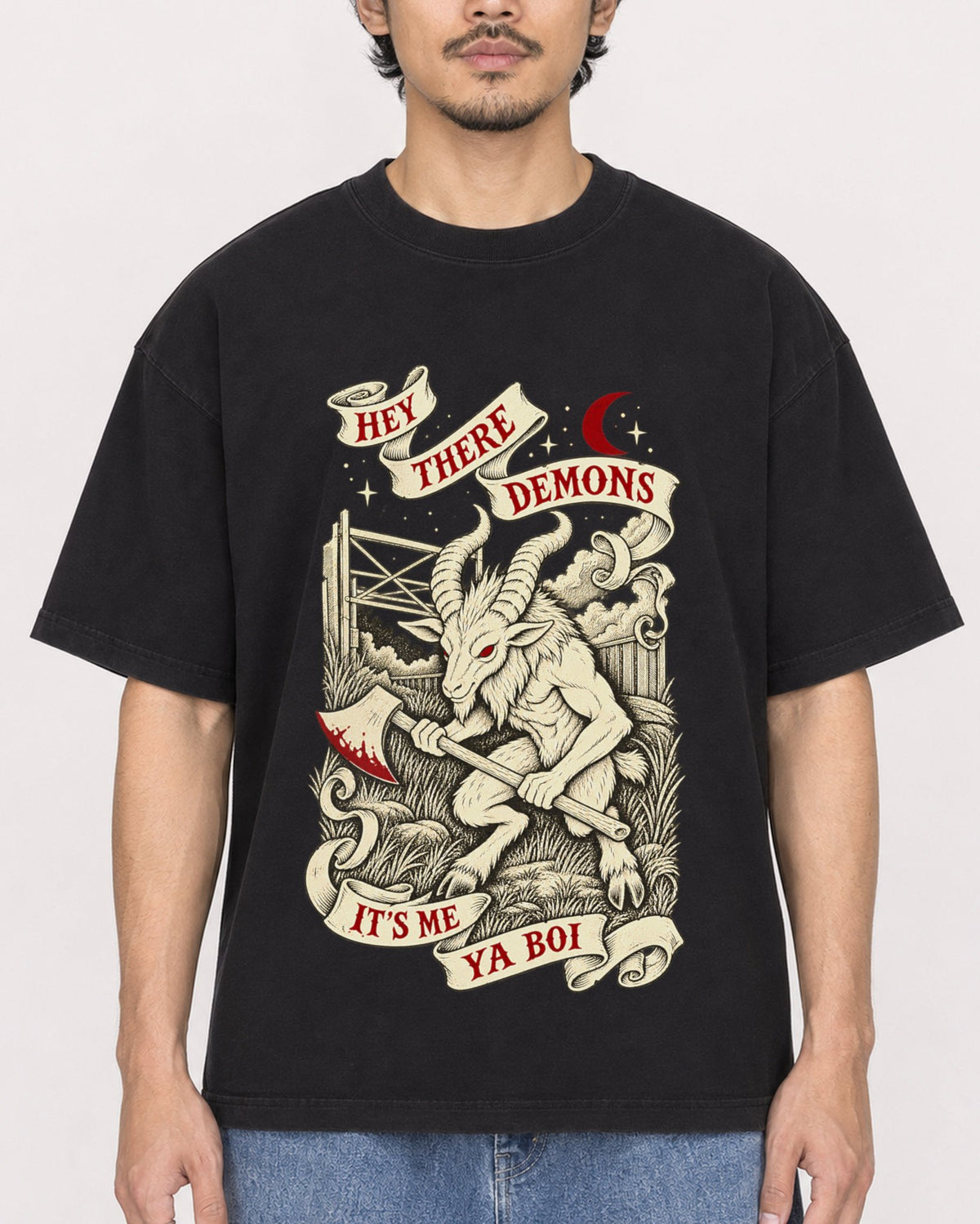 Mockup Boxy Heavyweight Tee Black male close-up 02