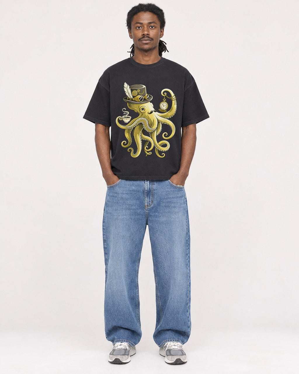 Mockup Boxy Heavyweight Tee Black male full-body 34
