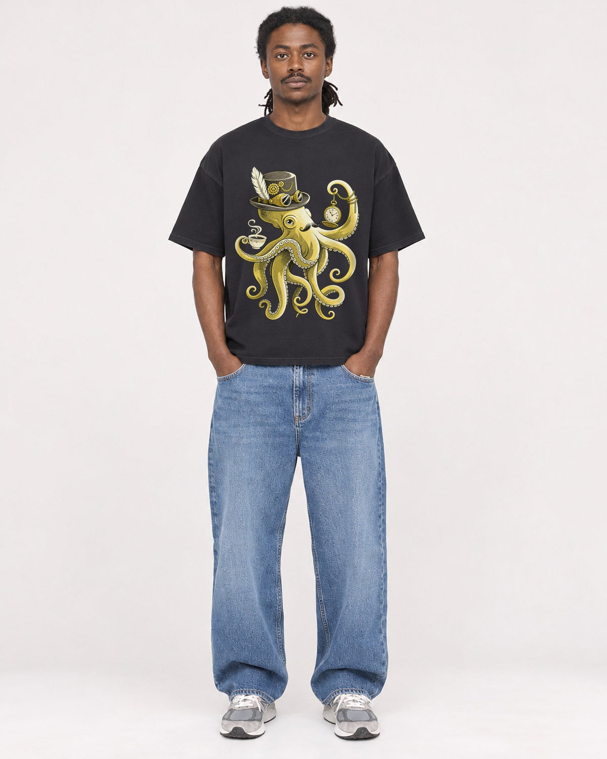 Mockup Boxy Heavyweight Tee Black male full-body 34