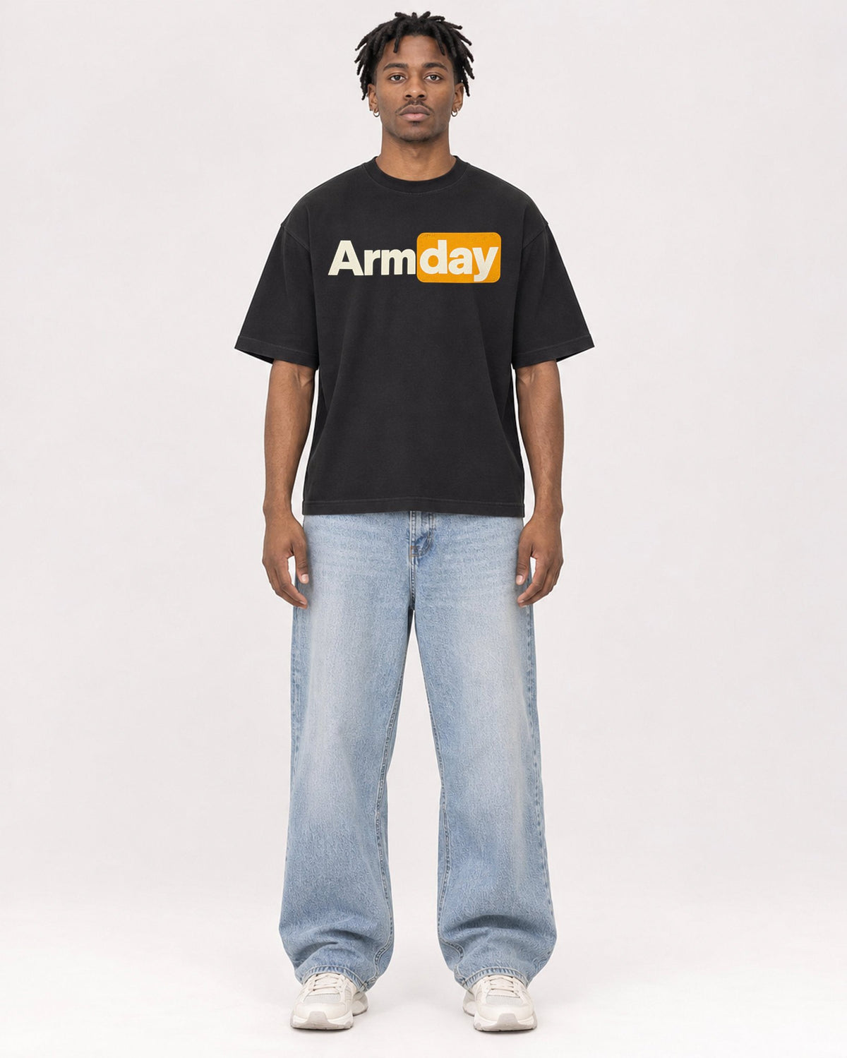 Mockup Boxy Heavyweight Tee Black male full-body 05