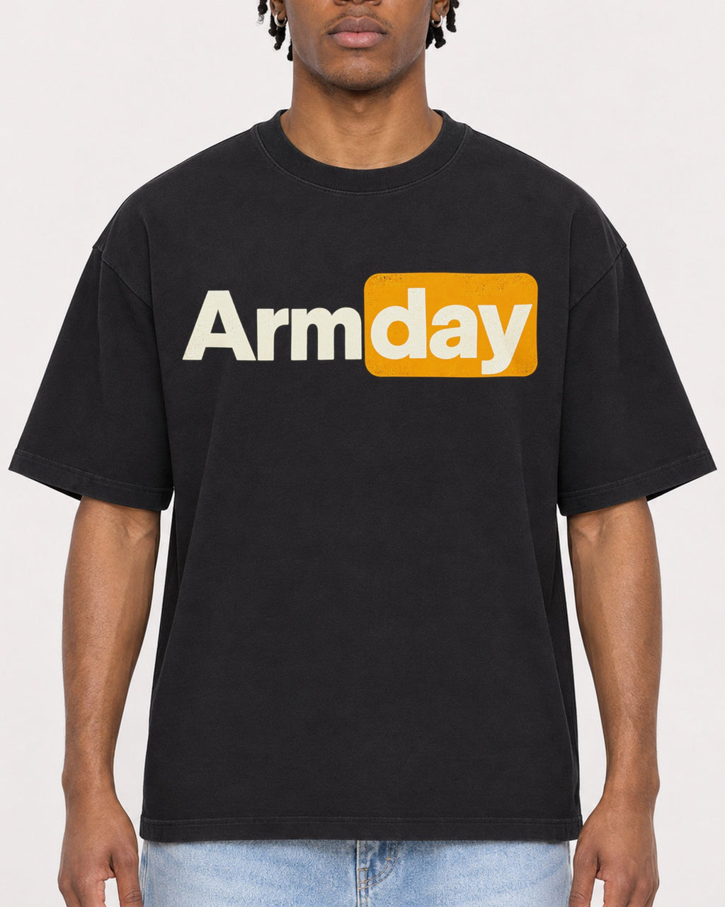 Mockup Boxy Heavyweight Tee Black male close-up 05