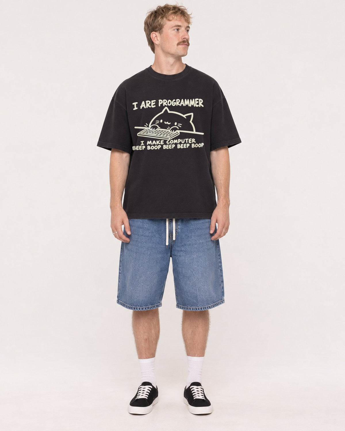 Mockup Boxy Heavyweight Tee Black male full-body 19