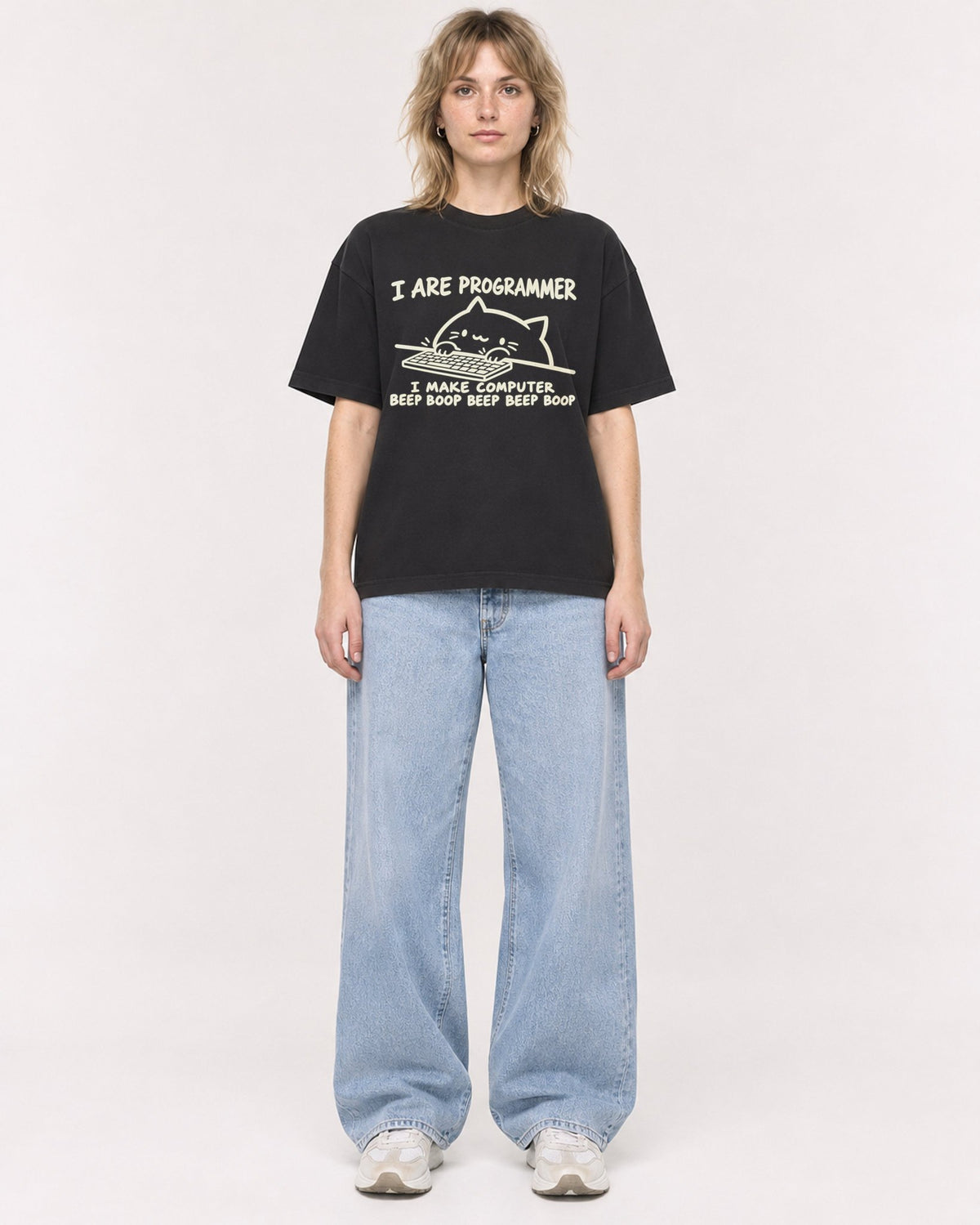 Mockup Boxy Heavyweight Tee Black female full-body 19
