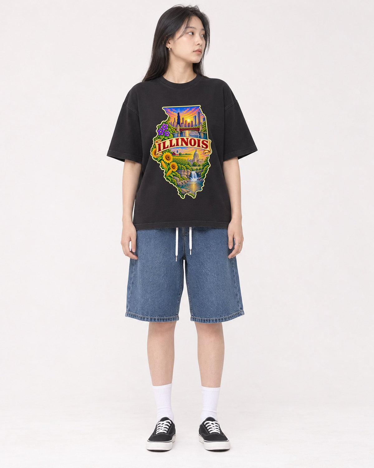 Mockup Boxy Heavyweight Tee Black female full-body 01
