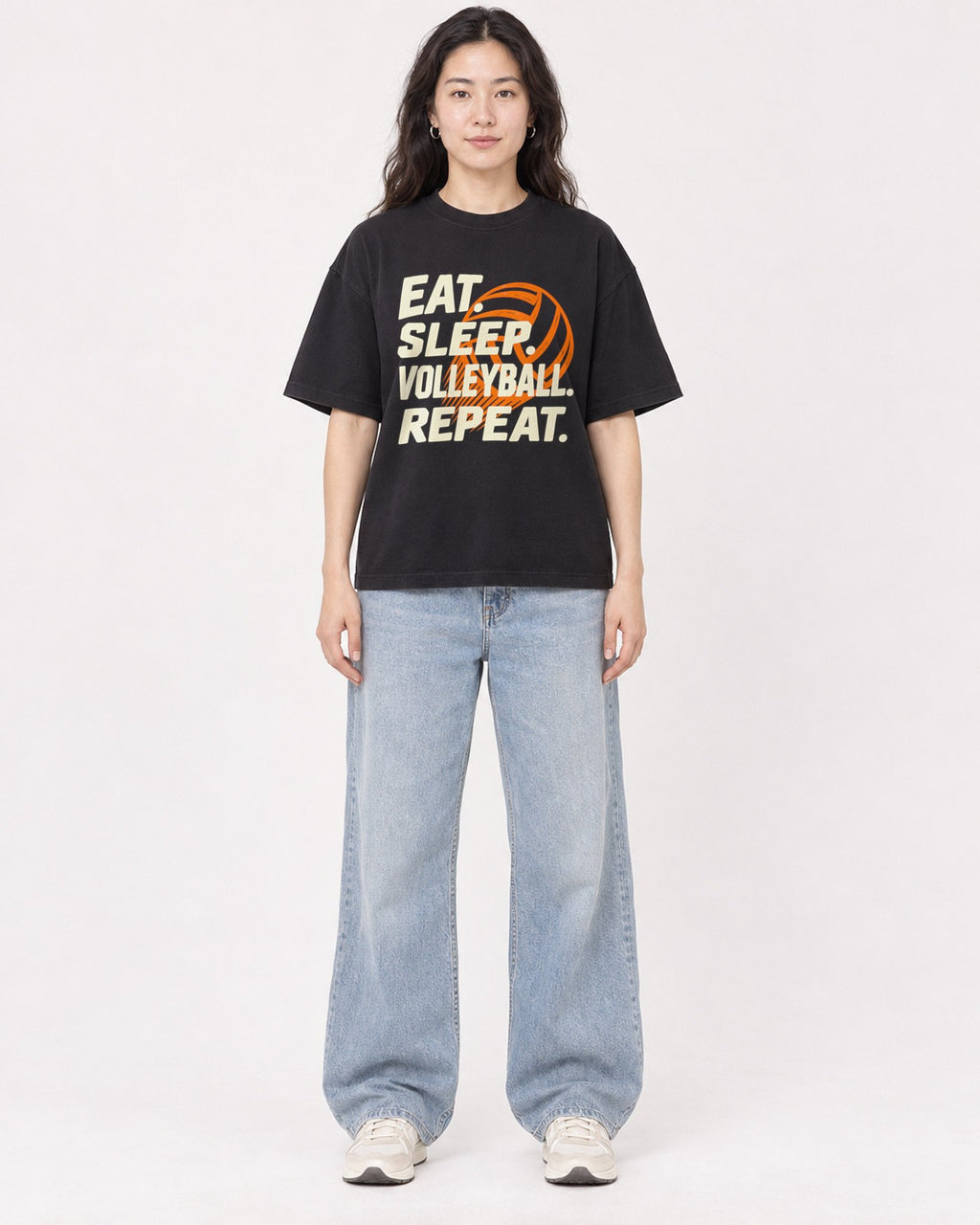 Mockup Boxy Heavyweight Tee Black female full-body 03