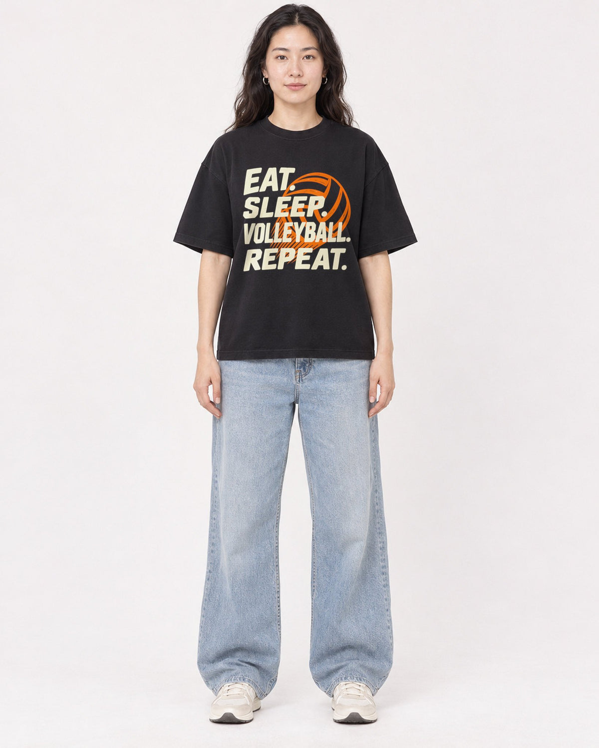 Mockup Boxy Heavyweight Tee Black female full-body 03