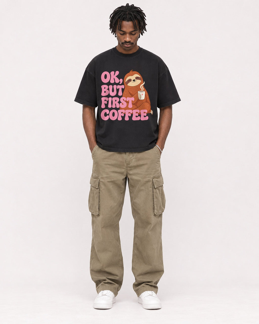 Mockup Boxy Heavyweight Tee Black male full-body 04