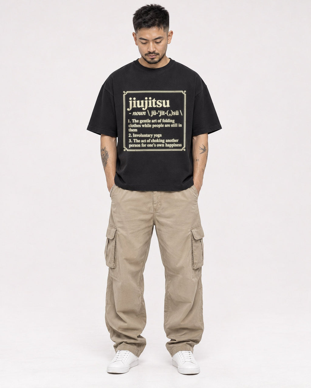 Mockup Boxy Heavyweight Tee Black male full-body 12