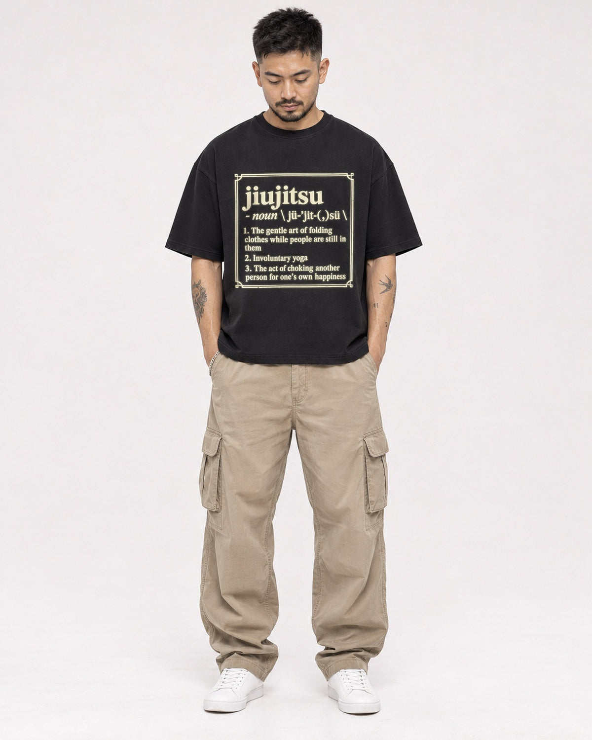 Mockup Boxy Heavyweight Tee Black male full-body 12