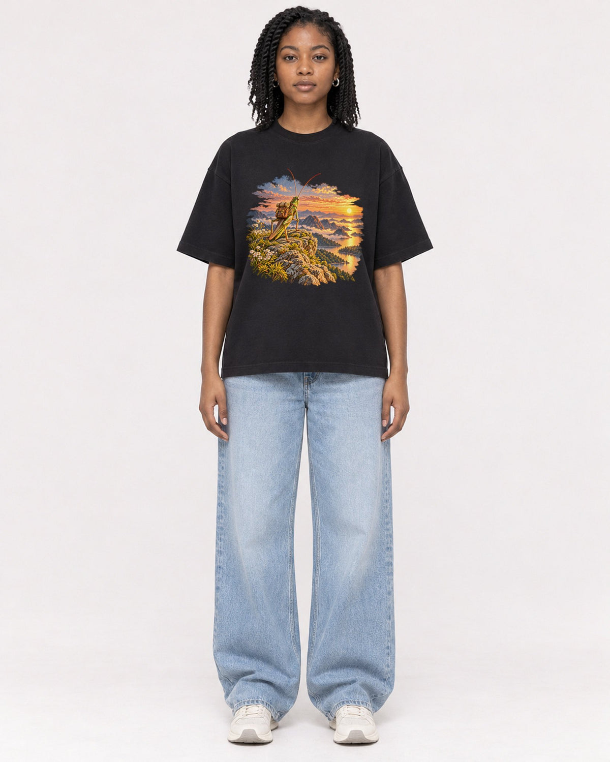 Mockup Boxy Heavyweight Tee Black female full-body 15