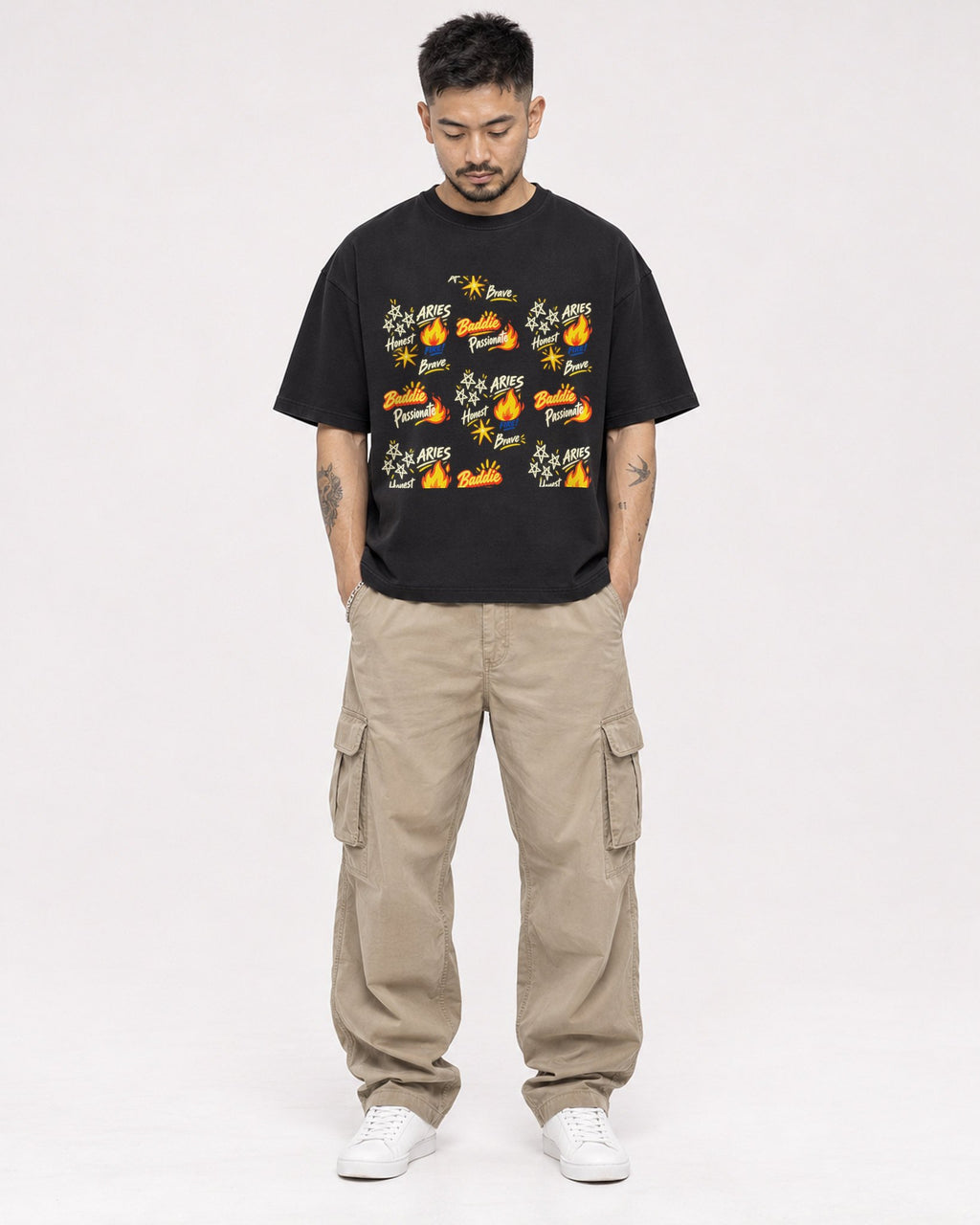 Mockup Boxy Heavyweight Tee Black male full-body 12