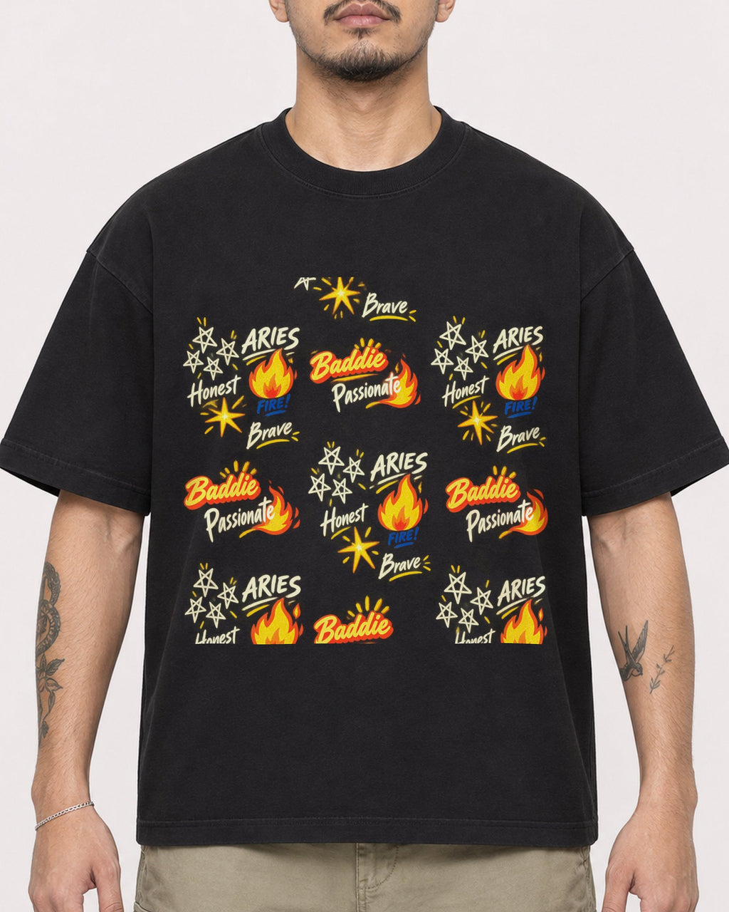 Mockup Boxy Heavyweight Tee Black male close-up 12