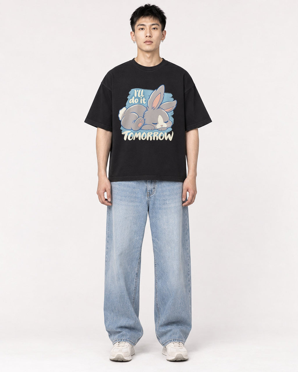 Mockup Boxy Heavyweight Tee Black male full-body 21