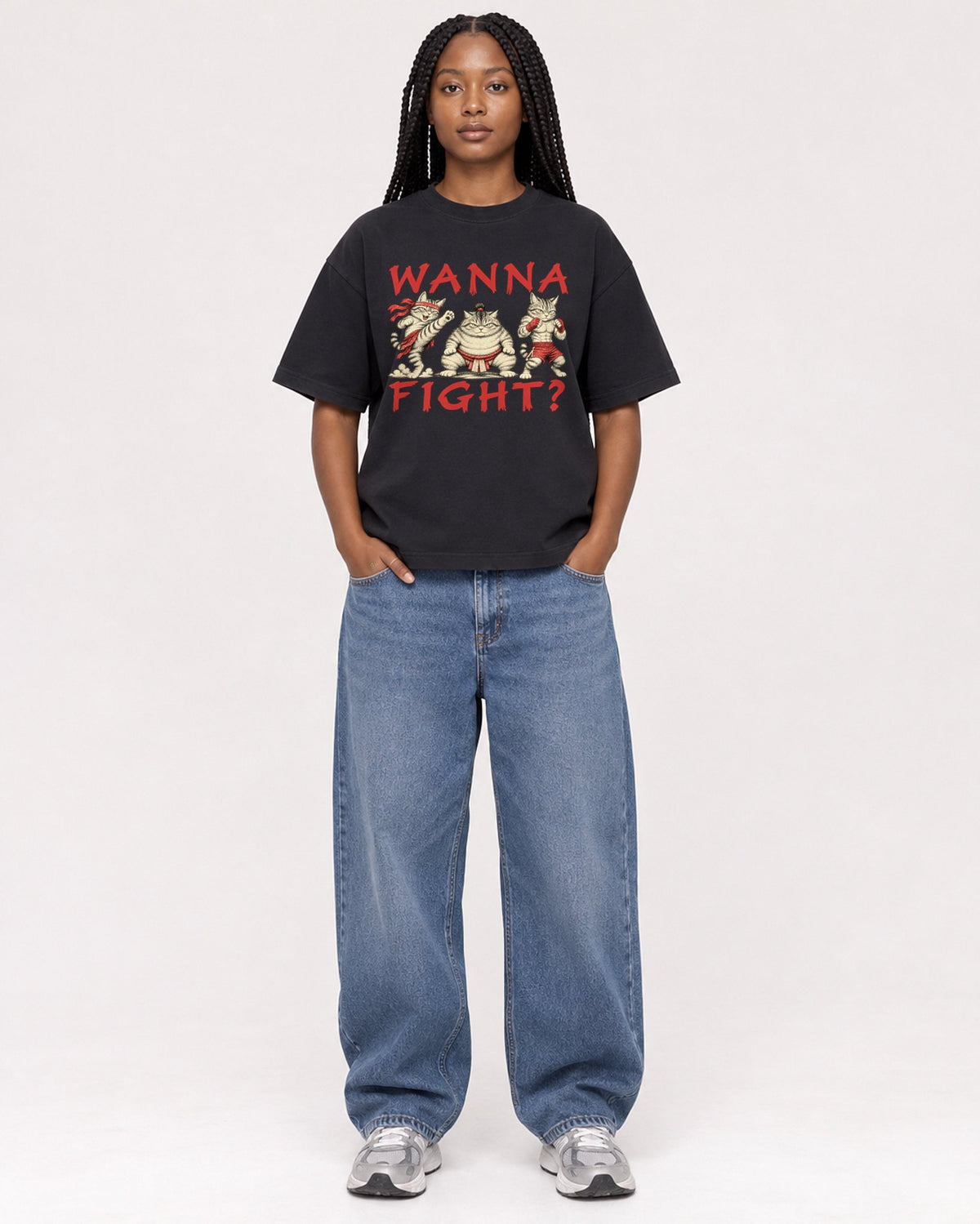 Mockup Boxy Heavyweight Tee Black female full-body 04