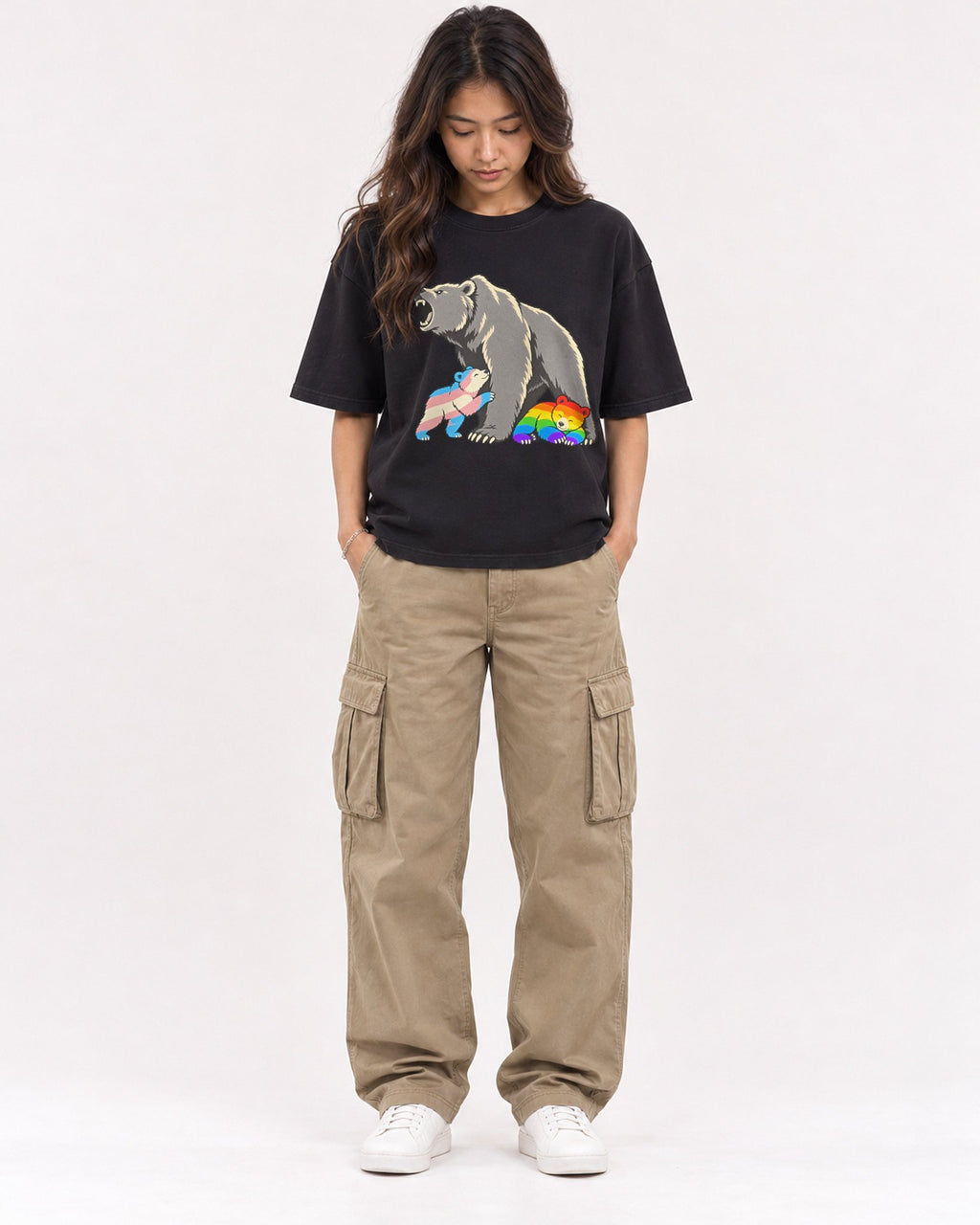 Mockup Boxy Heavyweight Tee Black female full-body 02