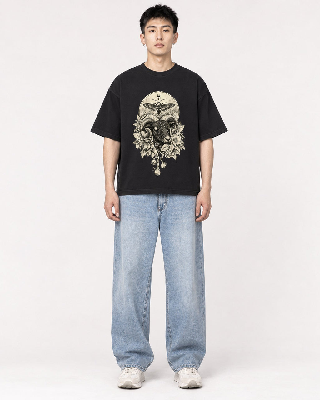 Mockup Boxy Heavyweight Tee Black male full-body 21