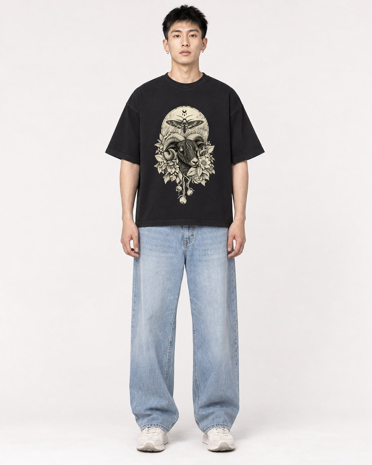 Mockup Boxy Heavyweight Tee Black male full-body 21