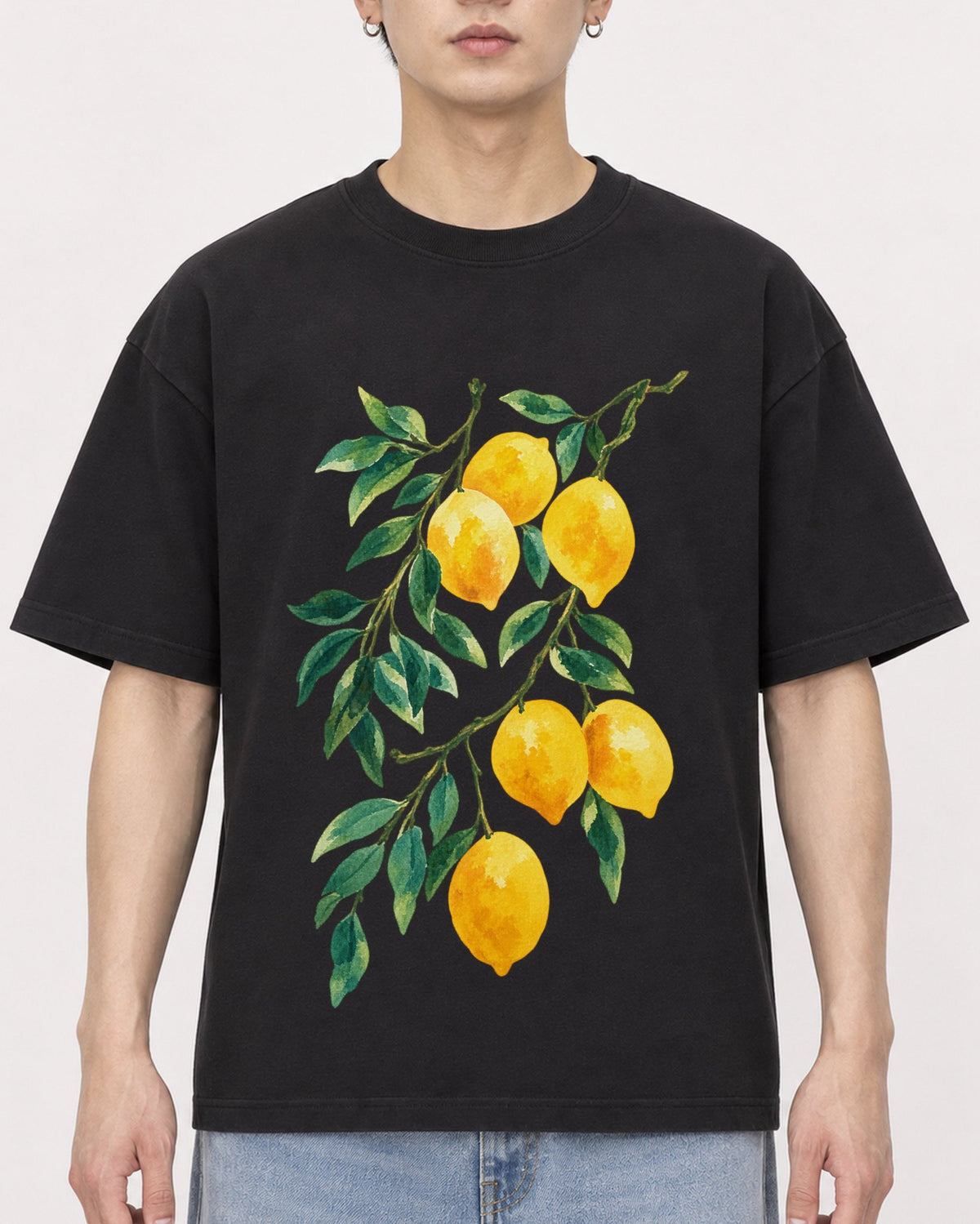 Mockup Boxy Heavyweight Tee Black male close-up 01