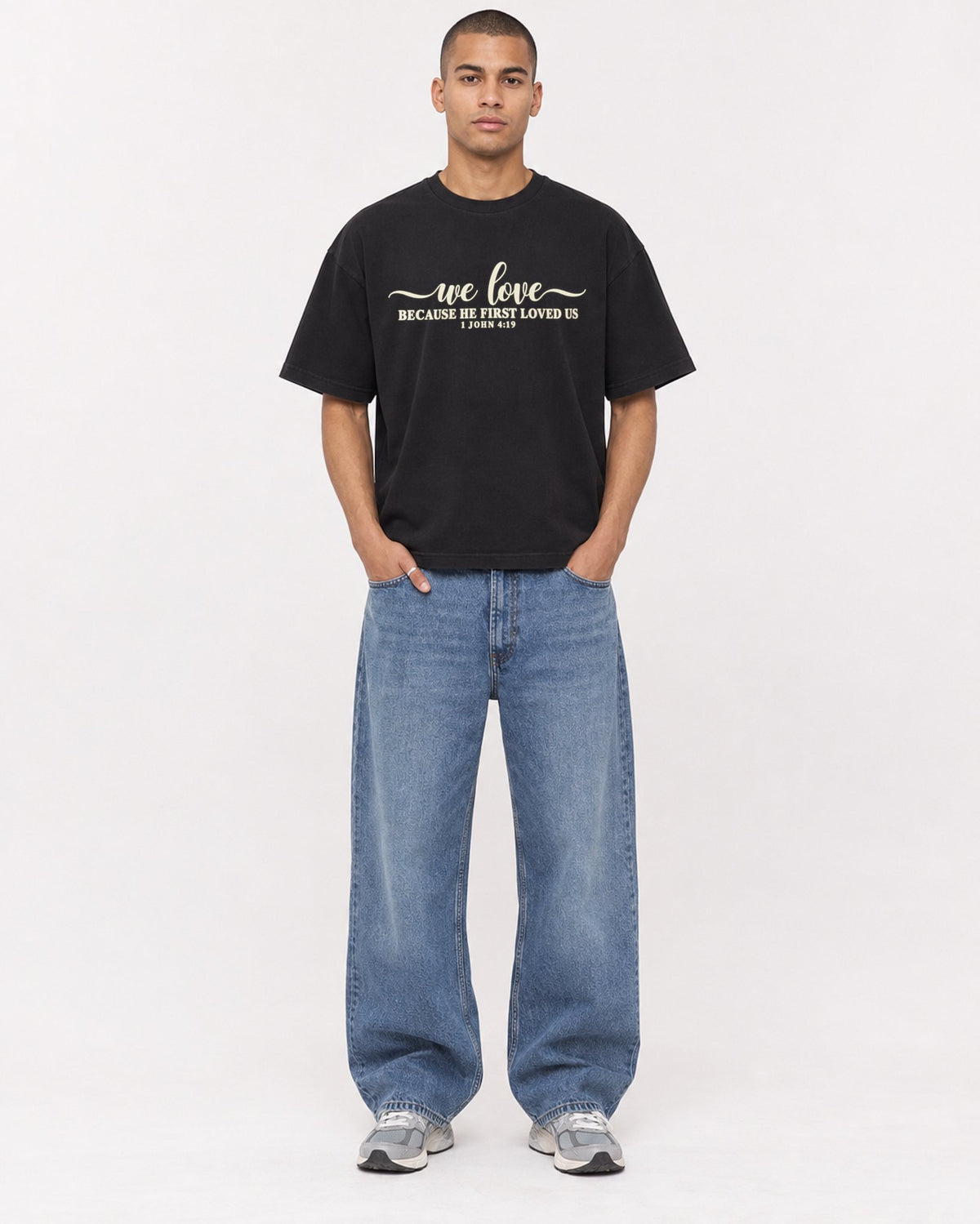Mockup Boxy Heavyweight Tee Black male full-body 50