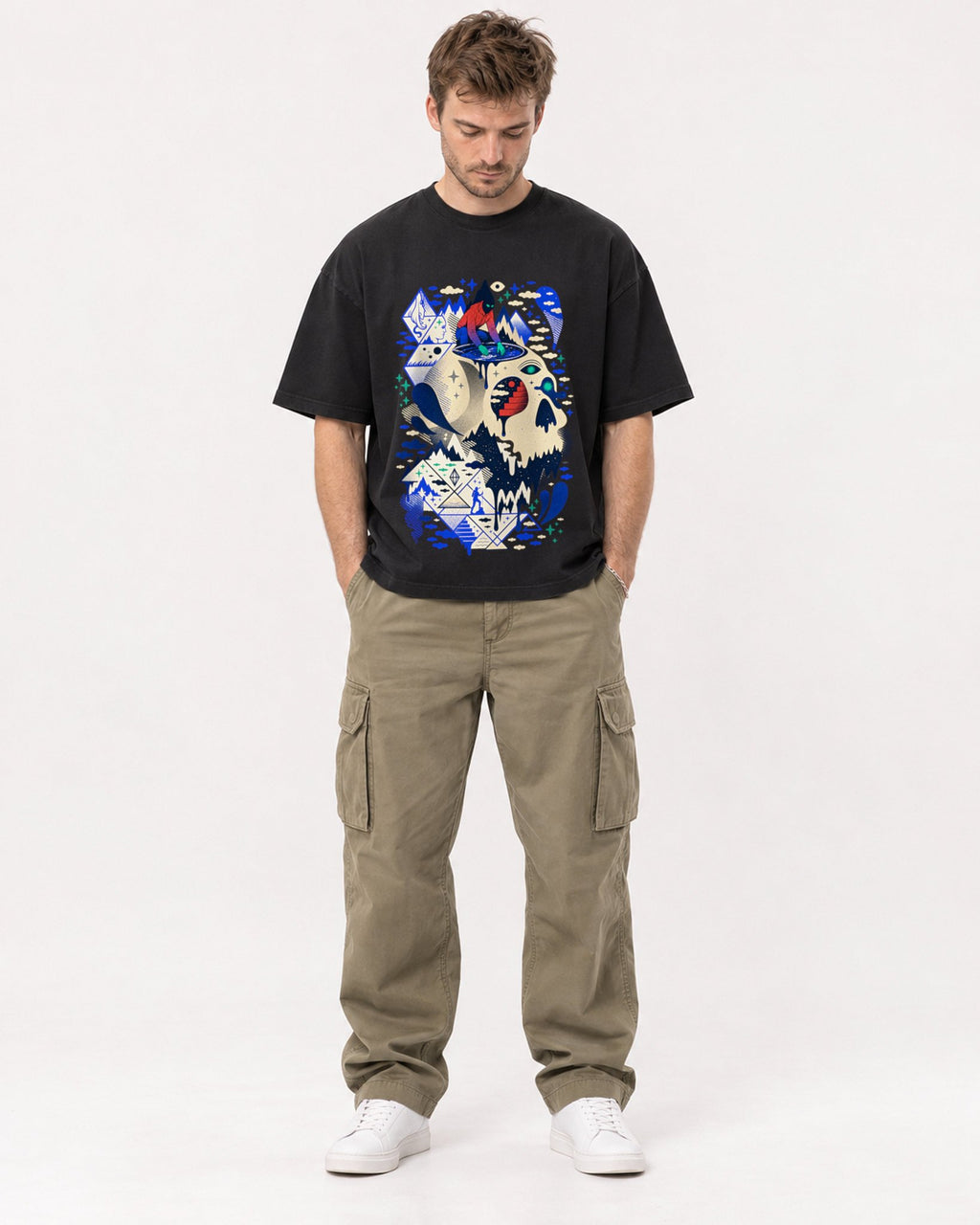 Mockup Boxy Heavyweight Tee Black male full-body 08