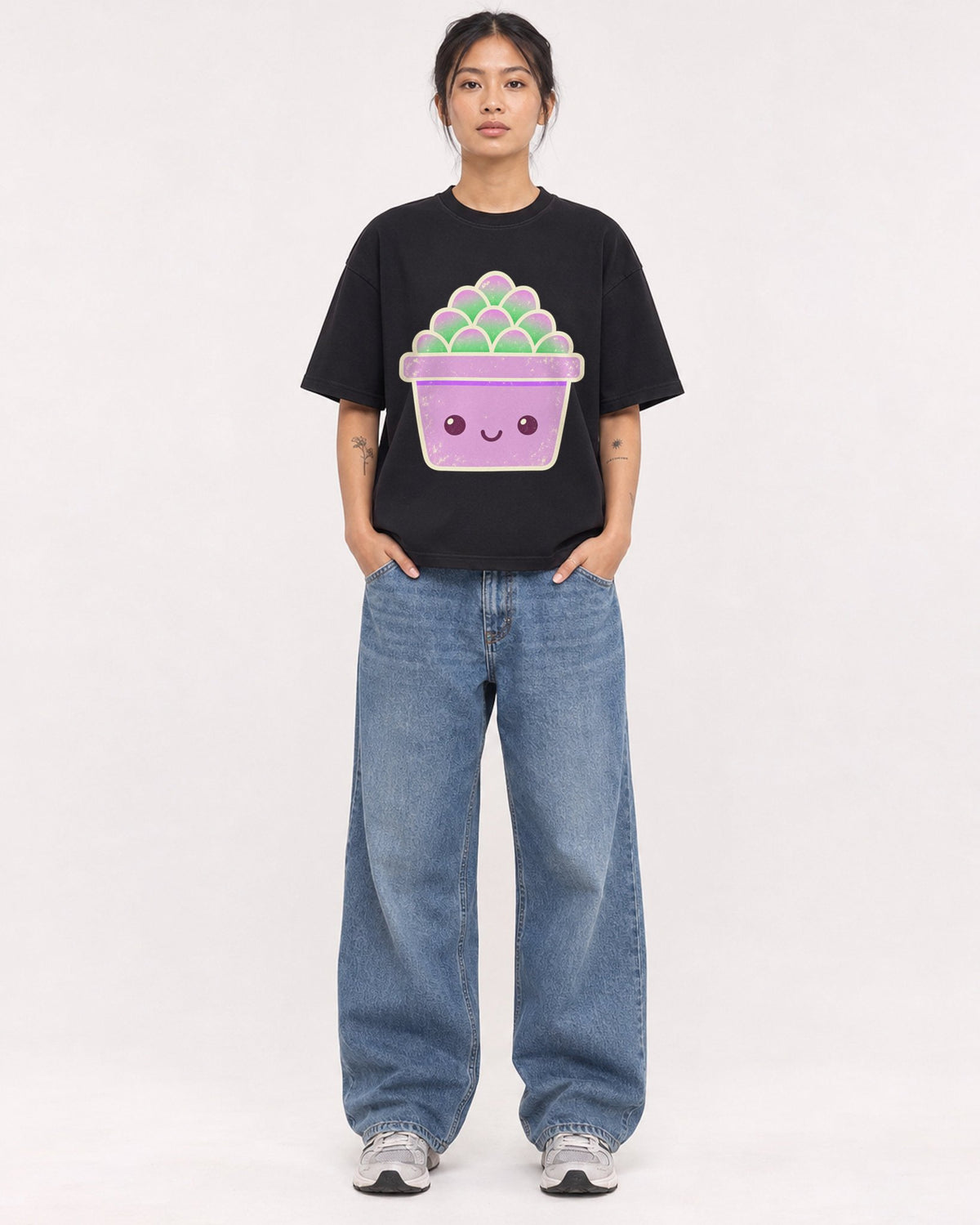 Mockup Boxy Heavyweight Tee Black female full-body 12