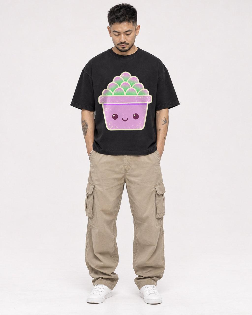 Mockup Boxy Heavyweight Tee Black male full-body 12