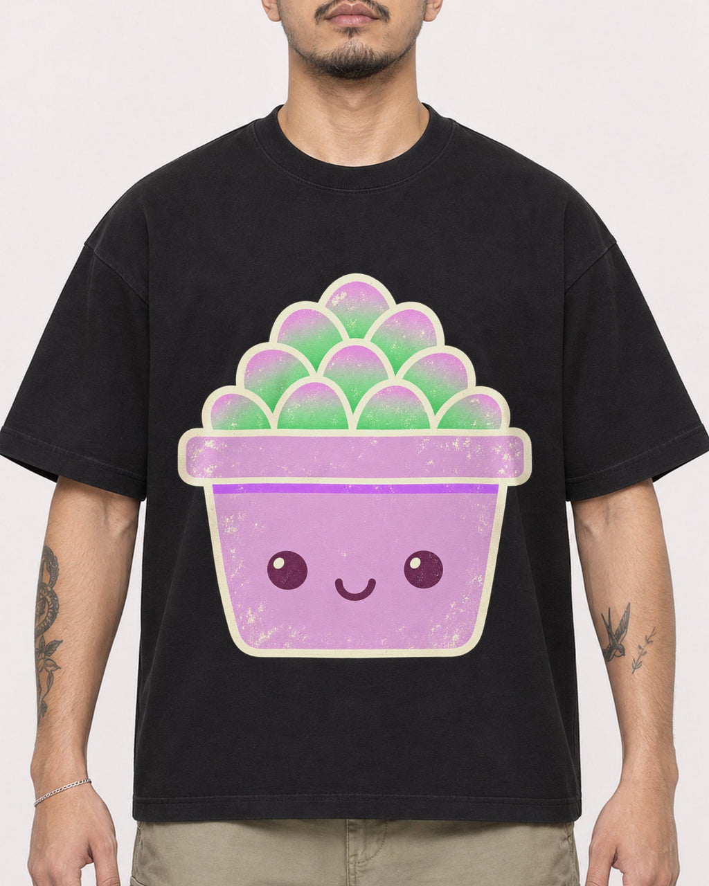 Mockup Boxy Heavyweight Tee Black male close-up 12