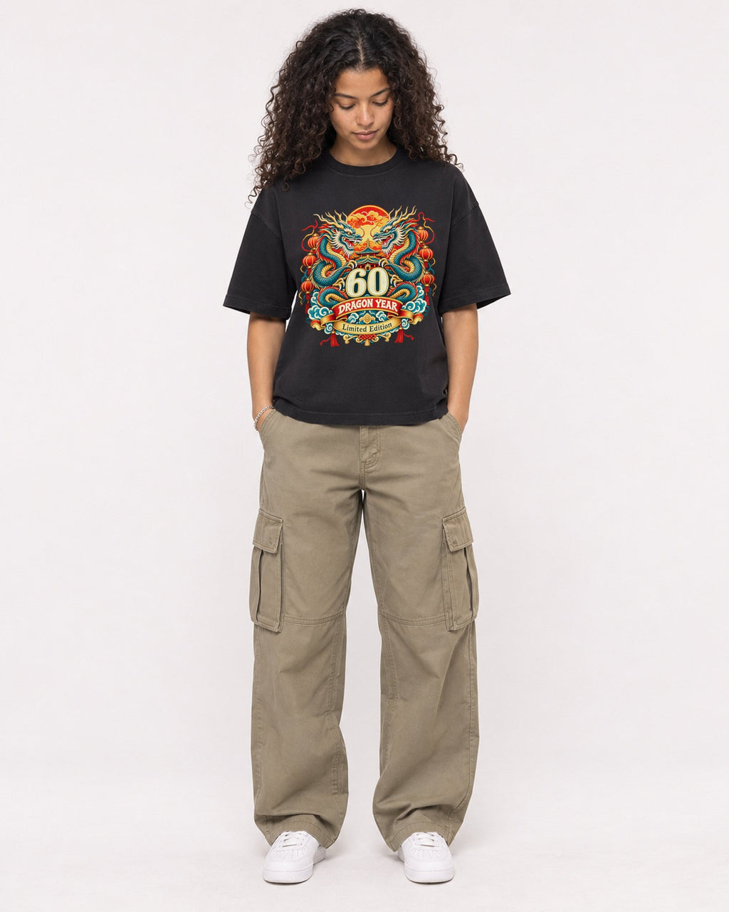 Mockup Boxy Heavyweight Tee Black female full-body 10