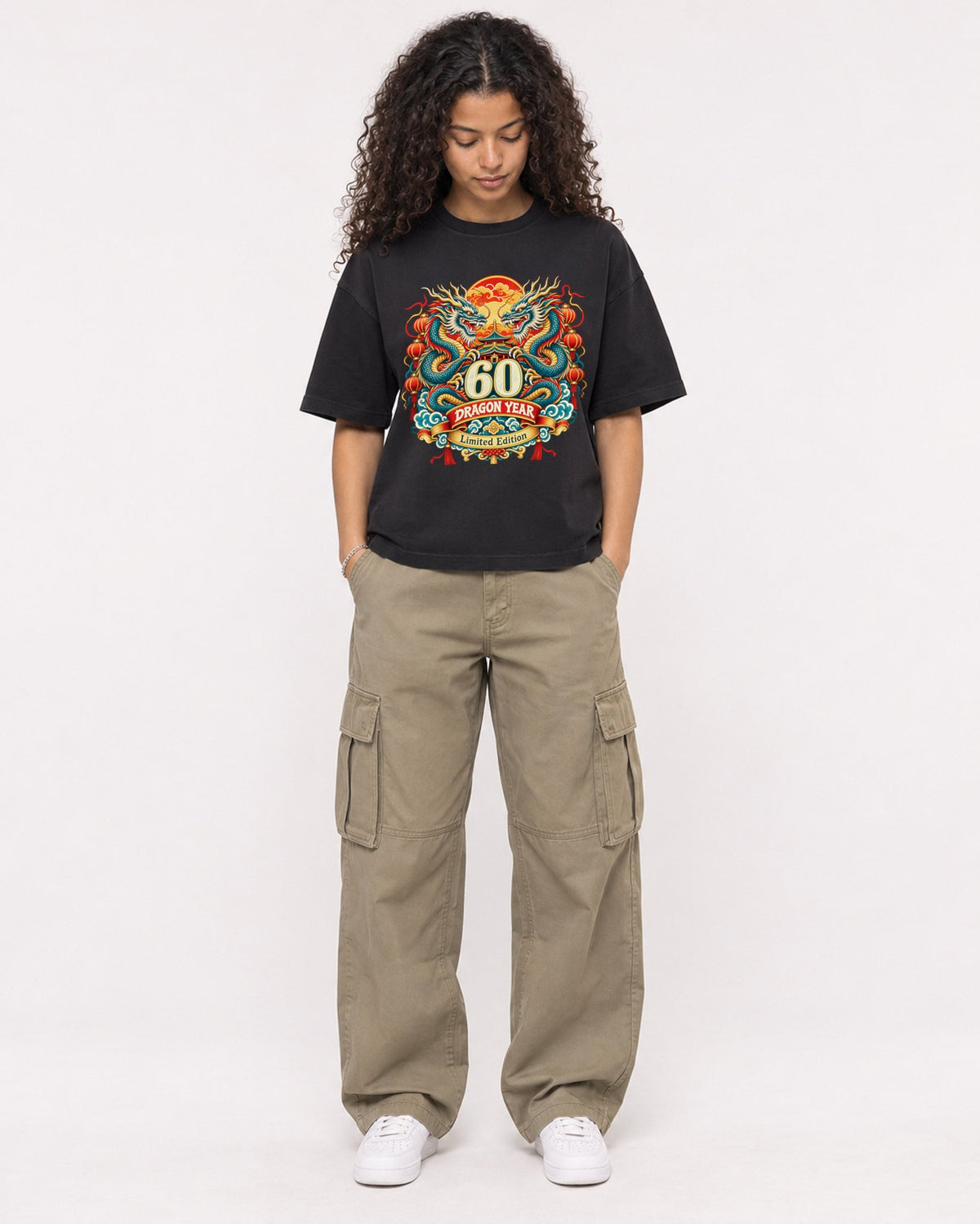 Mockup Boxy Heavyweight Tee Black female full-body 10