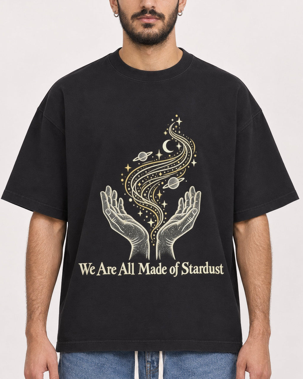 Mockup Boxy Heavyweight Tee Black male close-up 07