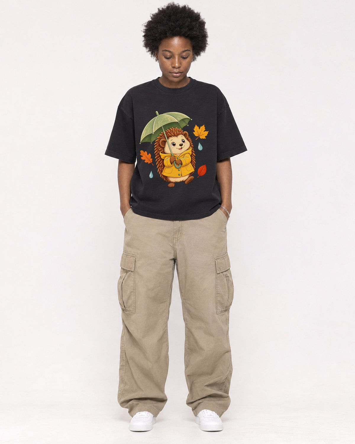 Mockup Boxy Heavyweight Tee Black female full-body 14