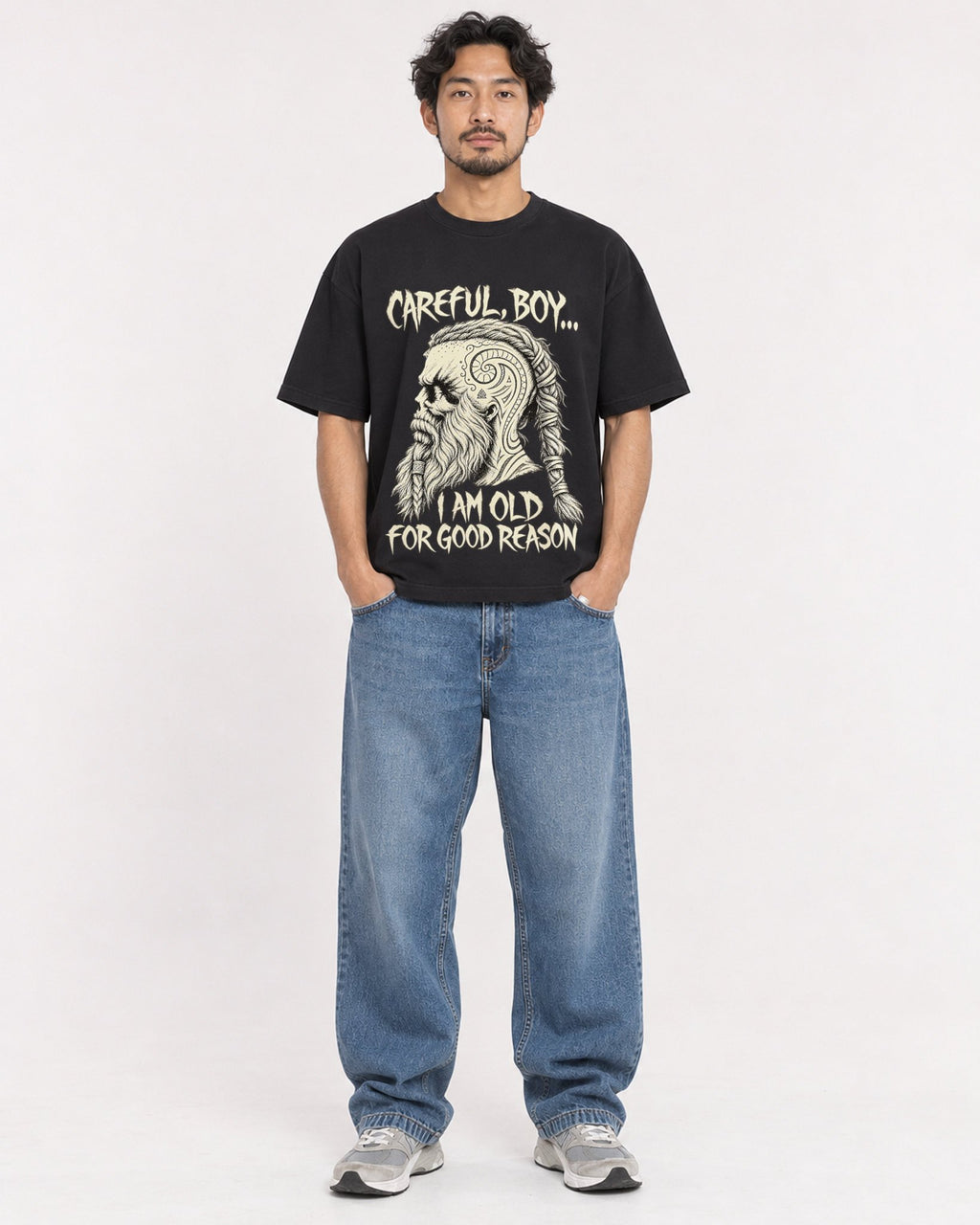 Mockup Boxy Heavyweight Tee Black male full-body 02