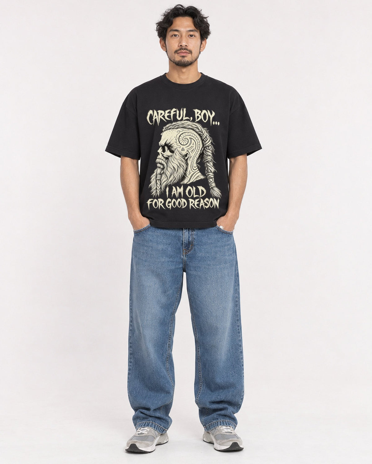 Mockup Boxy Heavyweight Tee Black male full-body 02