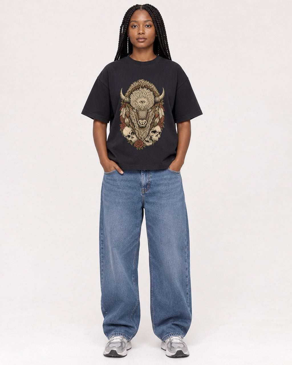 Mockup Boxy Heavyweight Tee Black female full-body 04