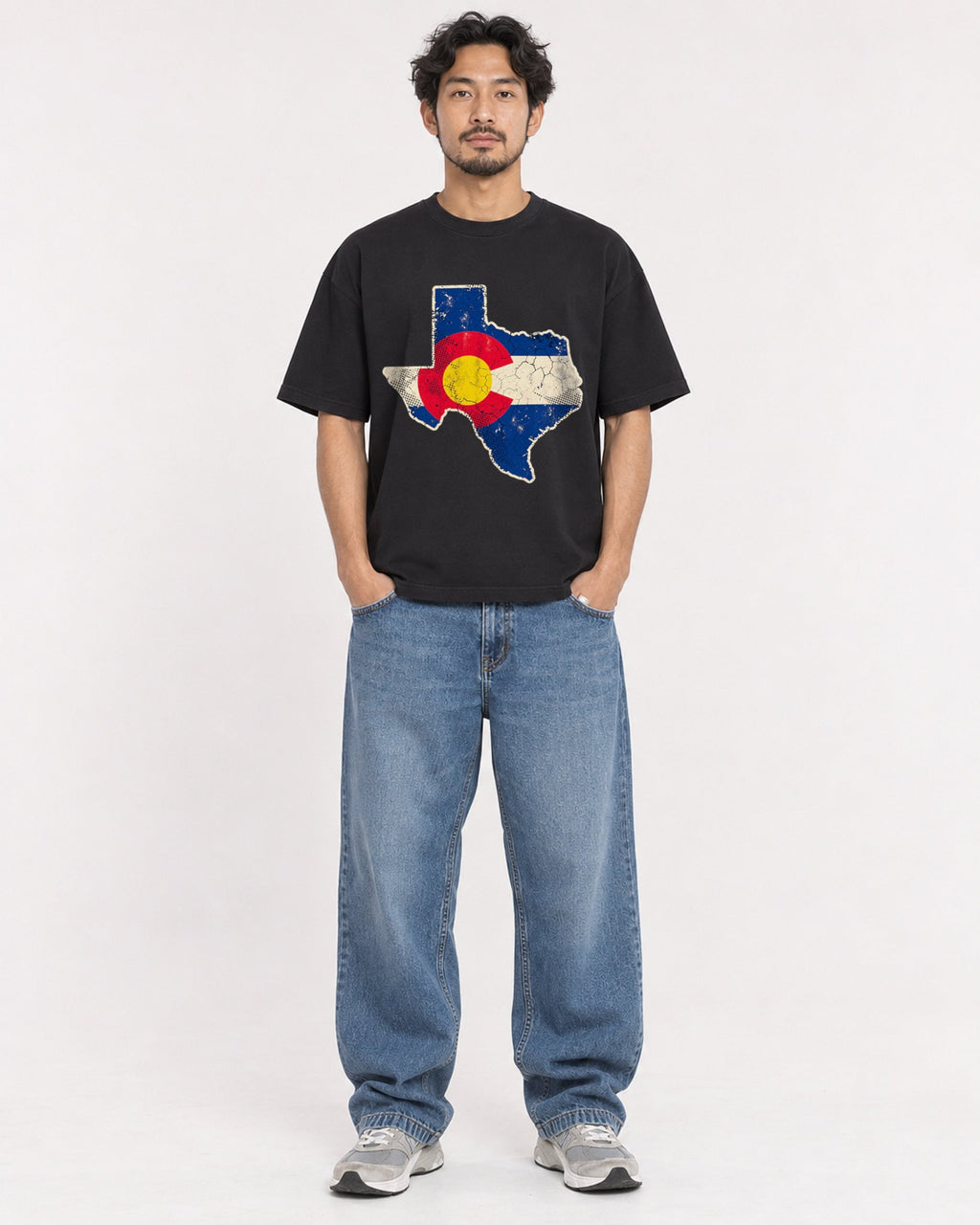 Mockup Boxy Heavyweight Tee Black male full-body 02